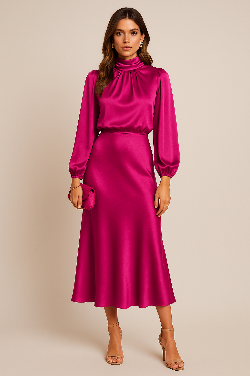 Dorvelli | Women's Satin Midi Dress – High Neck Balloon Sleeve Elegance