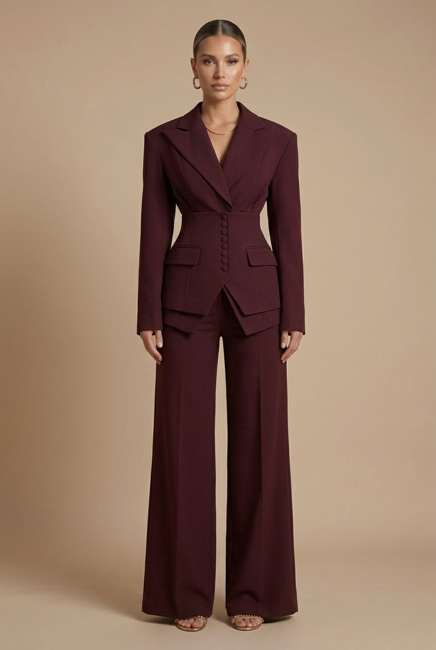 Dorvelli | Women's Tailored Two-Piece Suit – Peaked Lapel Wide-Leg Elegance