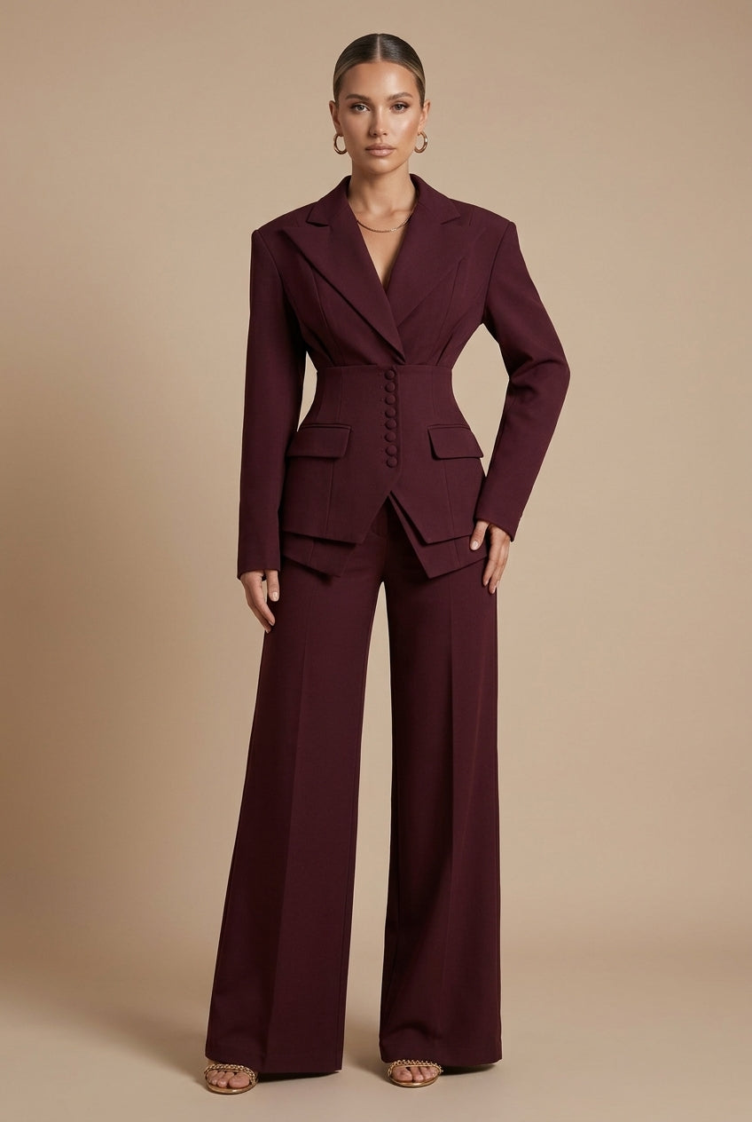 Dorvelli | Women's Tailored Two-Piece Suit – Peaked Lapel Wide-Leg Elegance