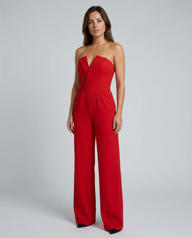 Dorvelli | Women's Wide-Leg Jumpsuit – Strapless V-Notch Tailored Elegance