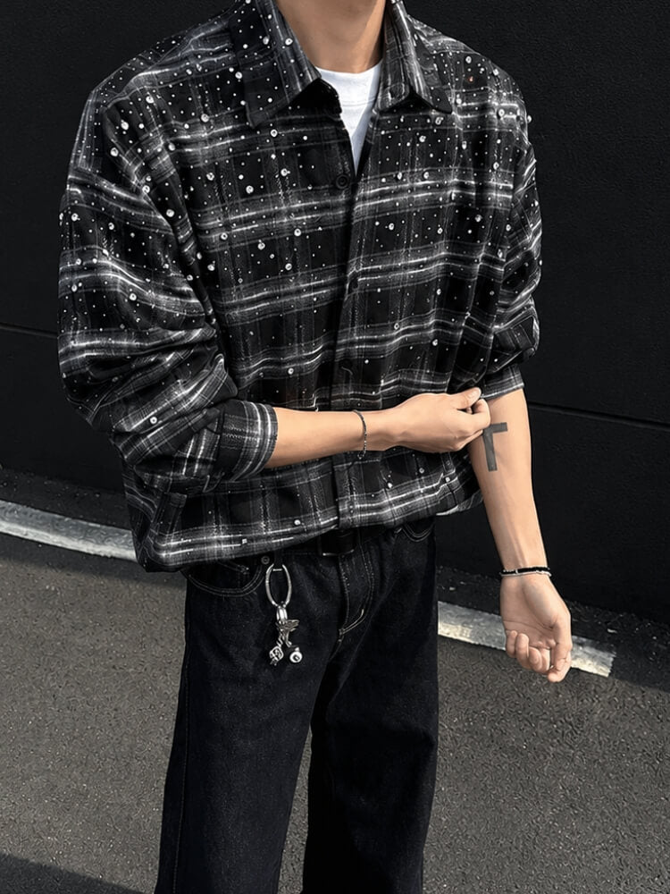 Dorvelli | Men’s Rhinestone Embellished Plaid Shirt