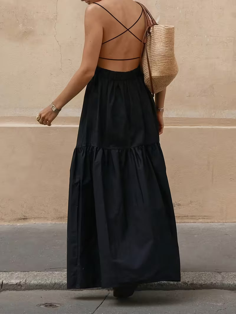 Dorvelli | Women's Midi Dress – Solid Backless Long
