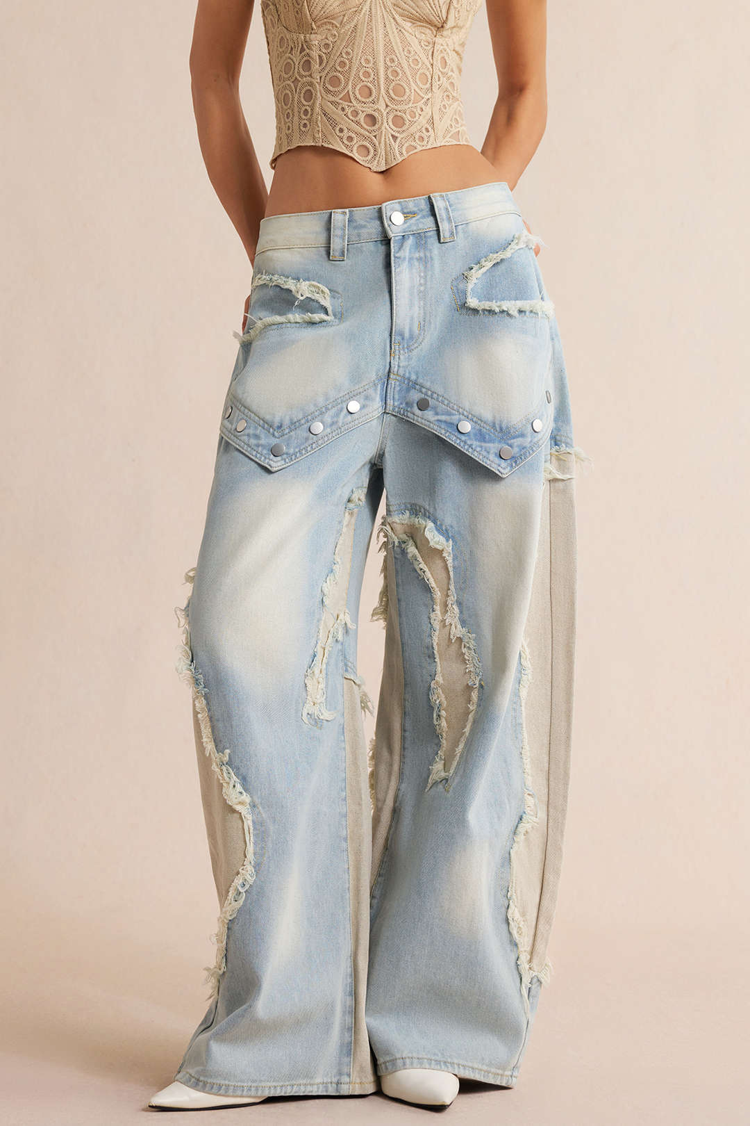 Dorvelli | Women's Patchwork Frayed Rivet Jeans