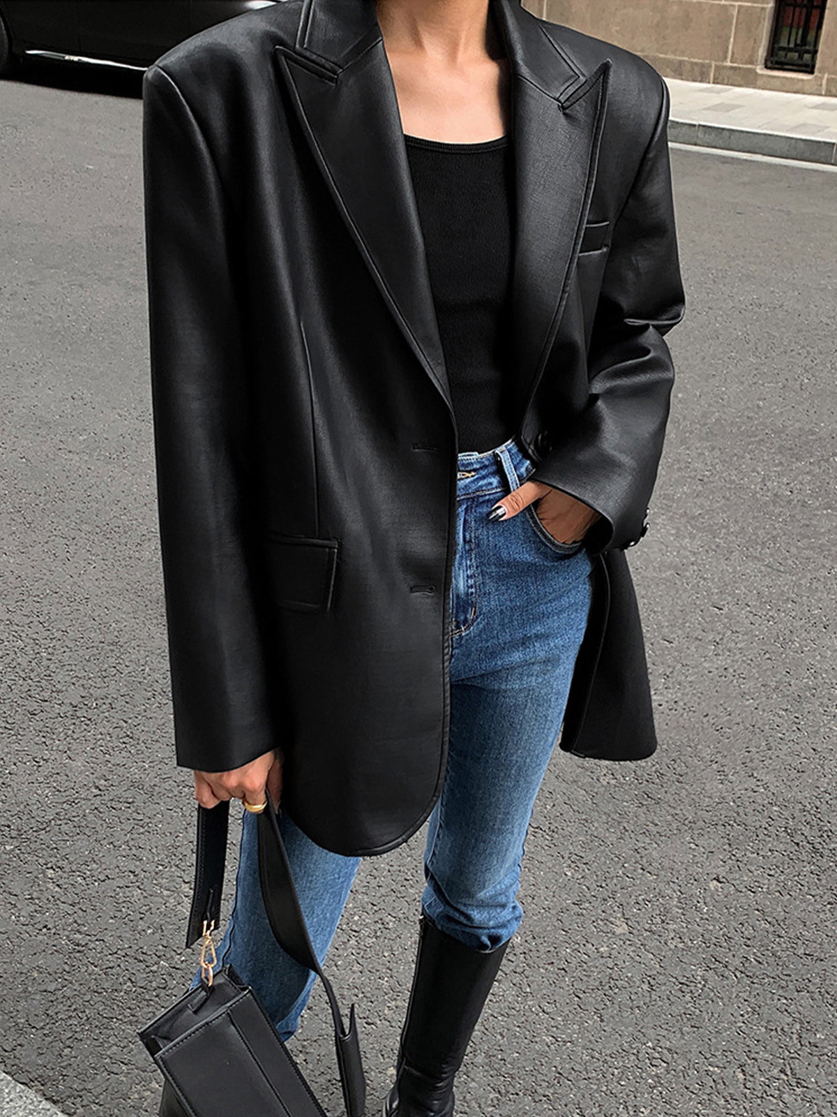 Dorvelli | Women’s Pocket Detail Faux Leather Blazer