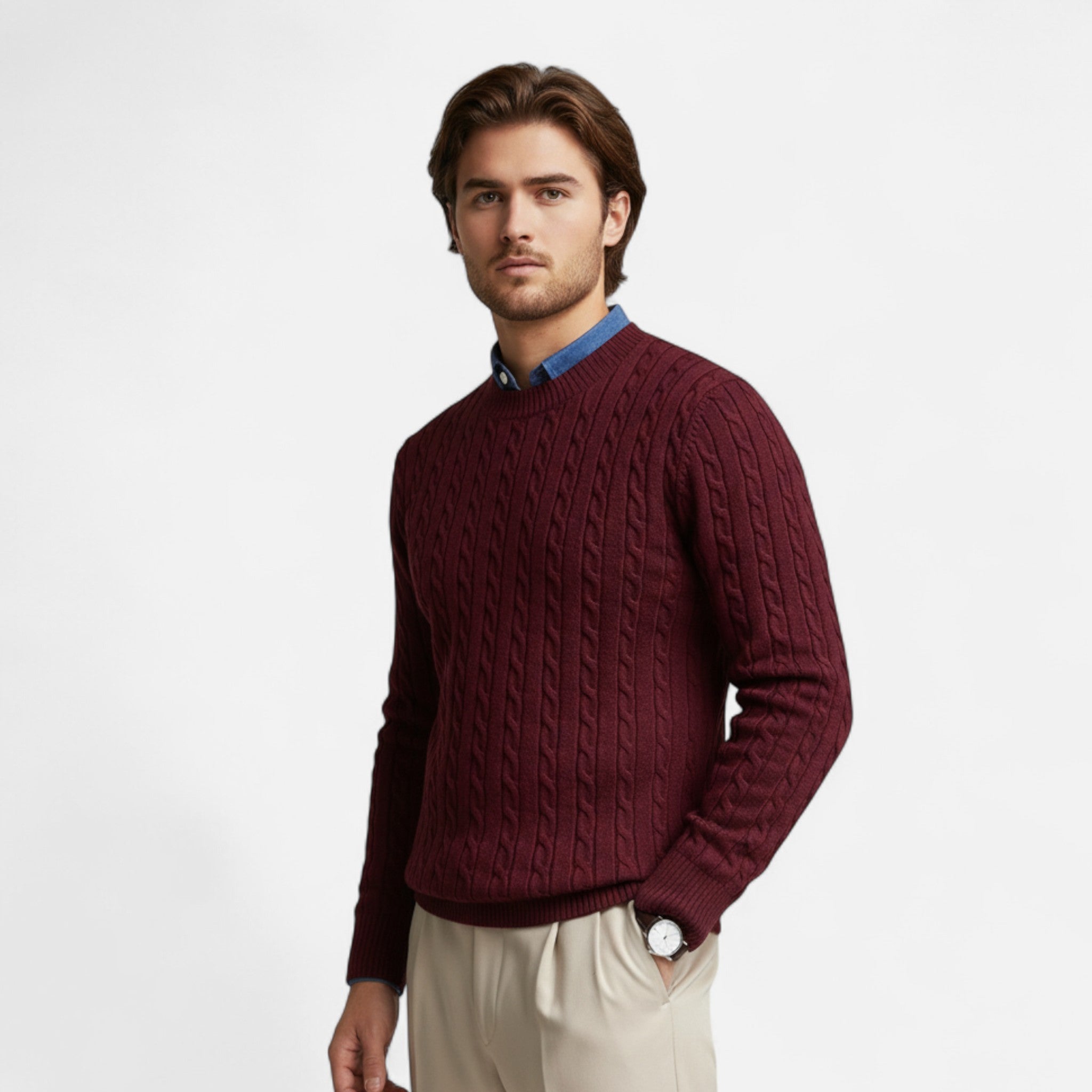 Dorvelli | Men’s Round Neck Twisted Rope Knit Sweater – Classic Cable Jumper