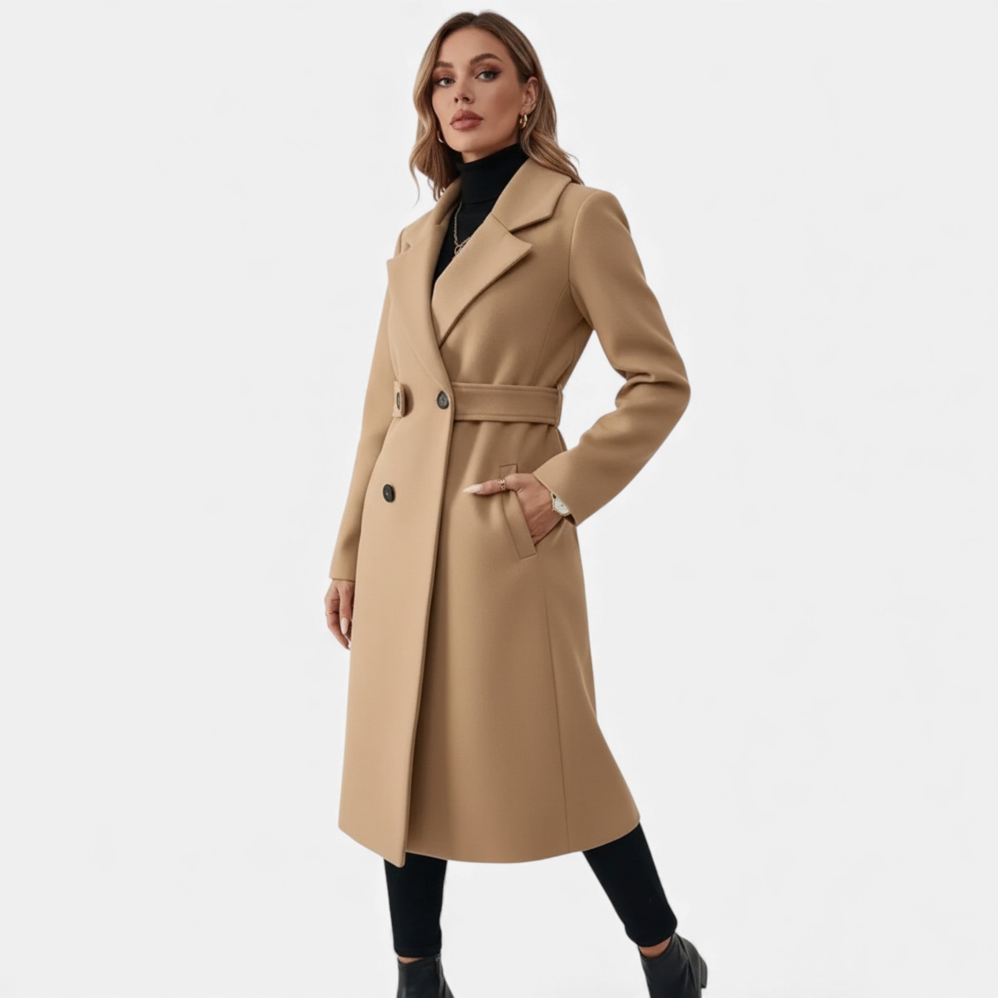 Dorvelli | Women’s Longline Coat – Double-Belt A-Line Elegance