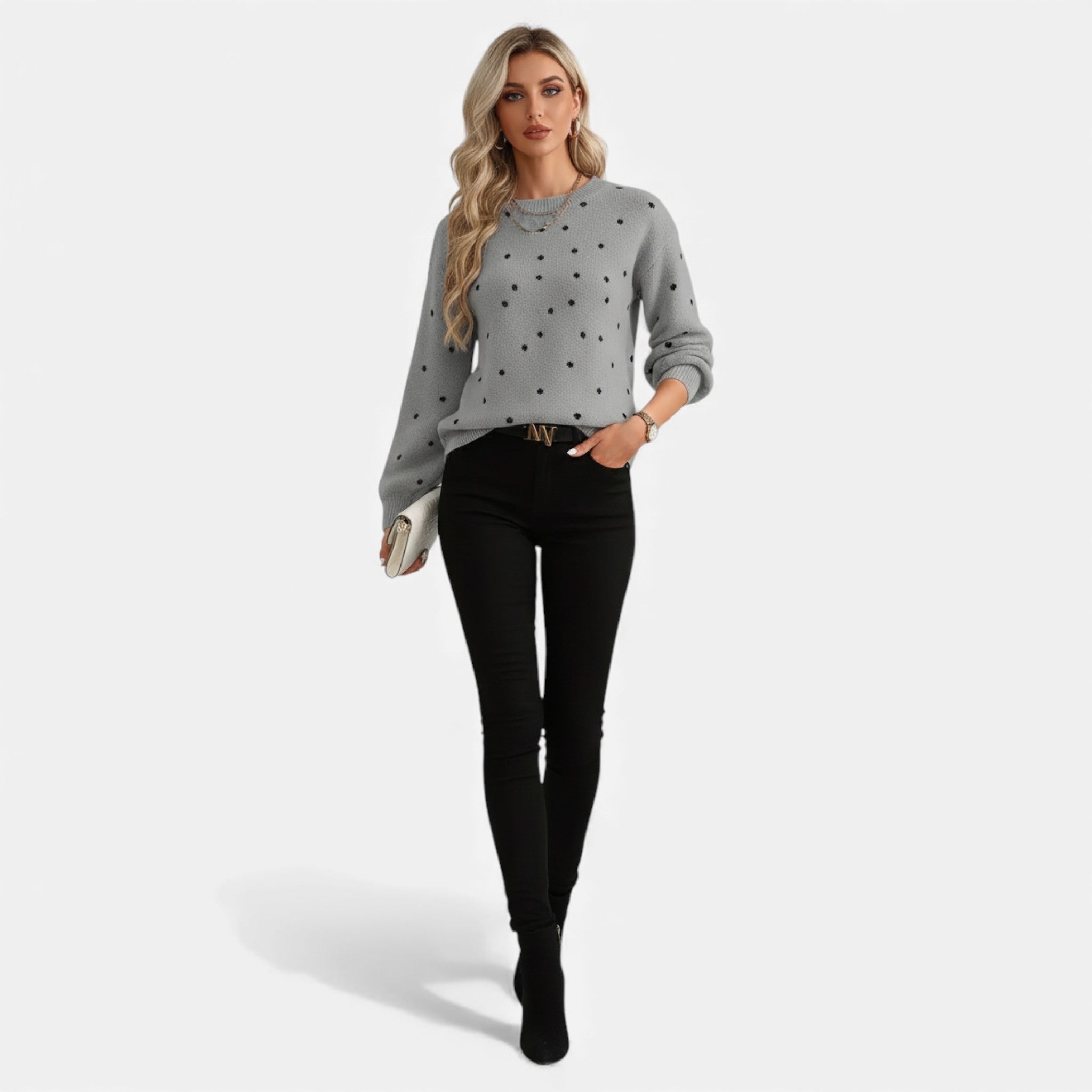 Dorvelli | Women’s Sweater – Polka-Dot Crew-Neck Elegance