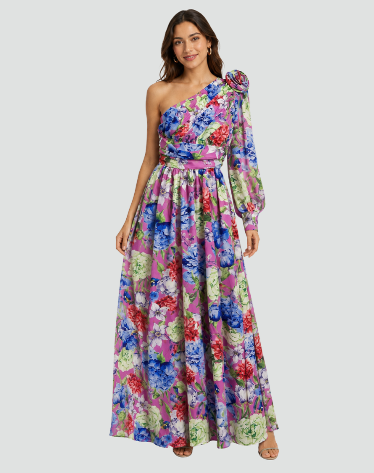 Dorvelli | Women’s Floral Maxi Dress – One-Shoulder Puff-Sleeve Elegance