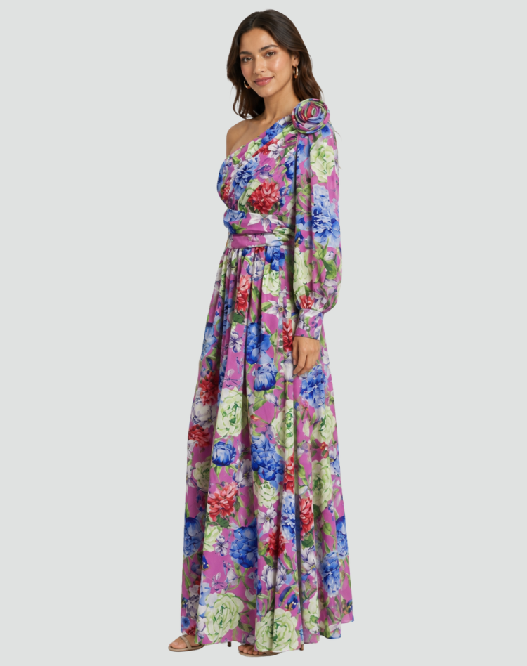 Dorvelli | Women’s Floral Maxi Dress – One-Shoulder Puff-Sleeve Elegance
