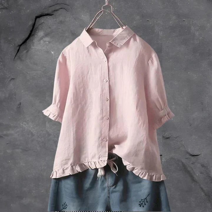 Dorvelli | Women's Shirt – Linen Ruffle Trim Button