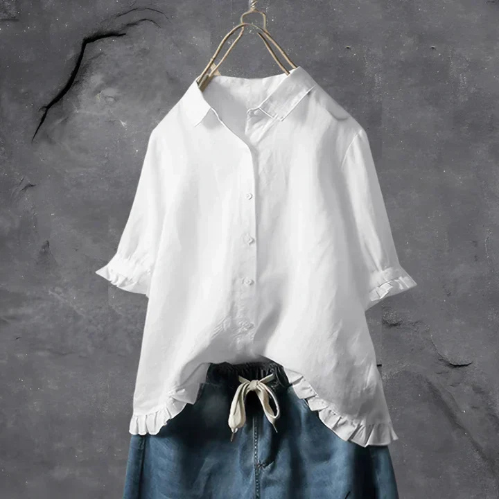 Dorvelli | Women's Shirt – Linen Ruffle Trim Button
