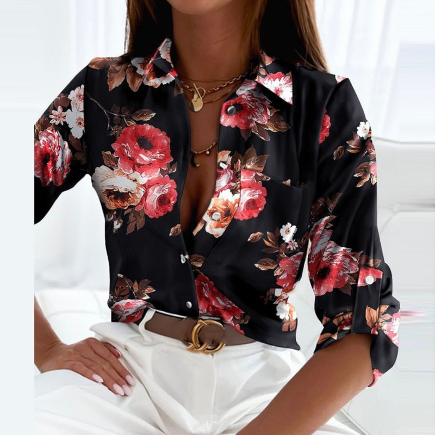 Dorvelli | Women's Blouse – Satin Geometric Print Button