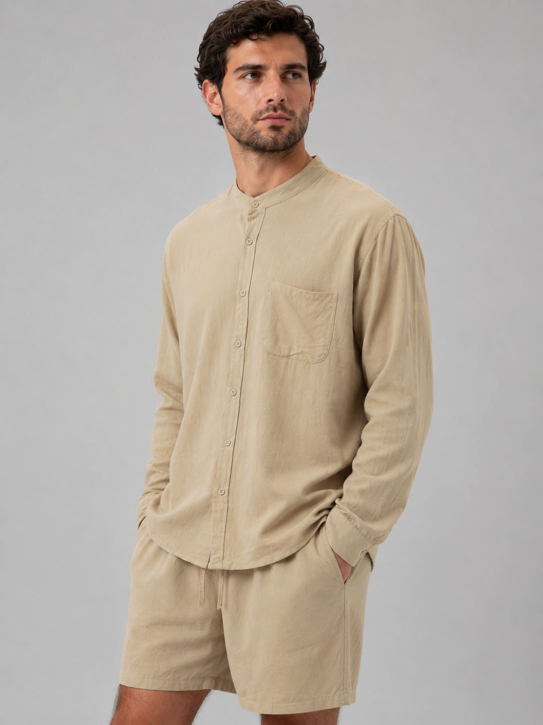 Dorvelli | Men's Two-Piece Set – Linen Look Band Collar