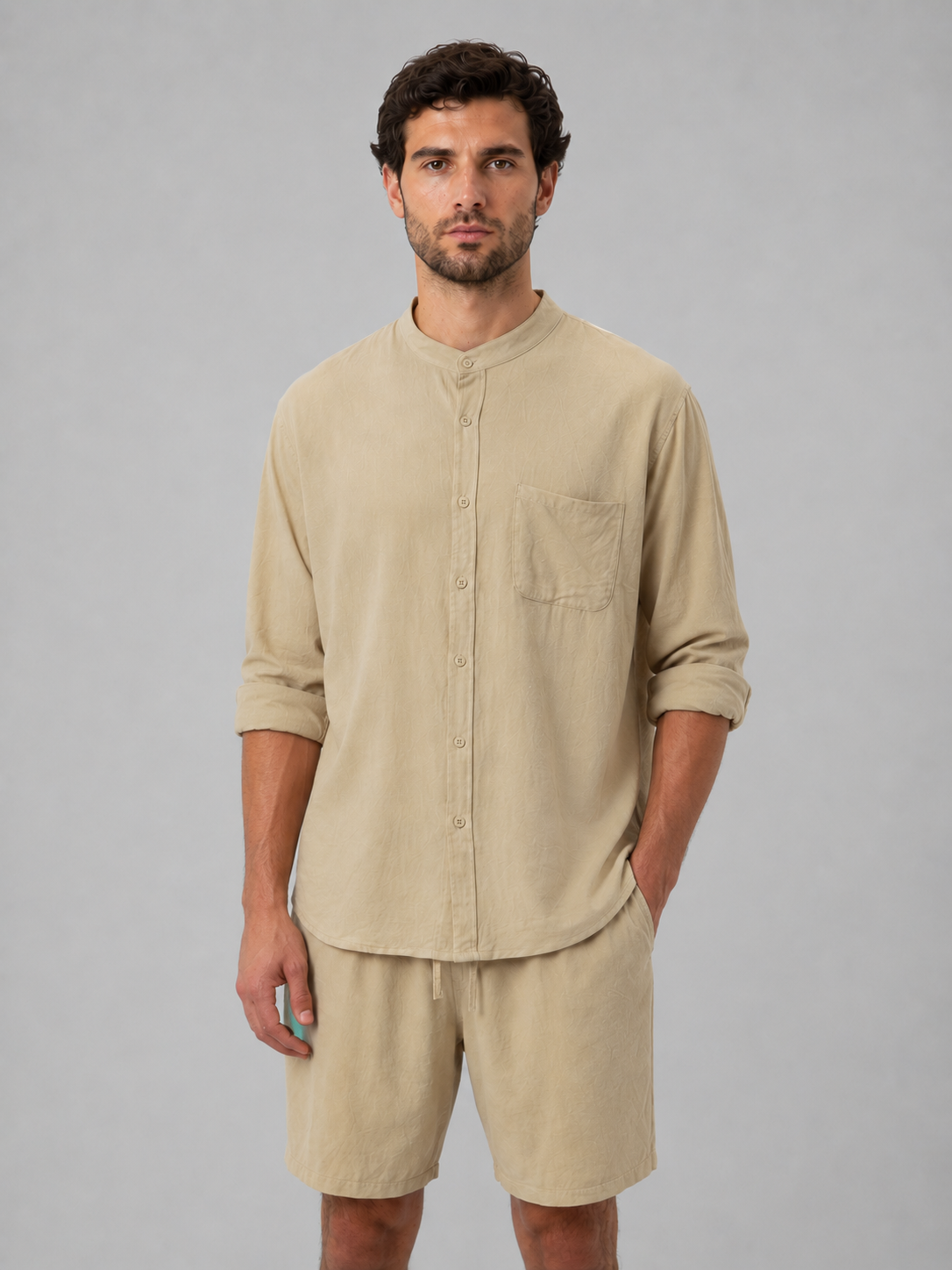 Dorvelli | Men's Two-Piece Set – Linen Look Band Collar