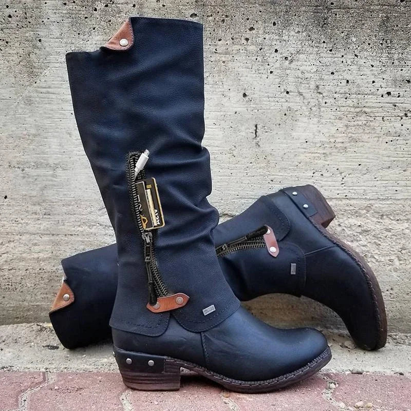 Dorvelli | Women’s Knee-High Boots – Side-Zip Block Heel