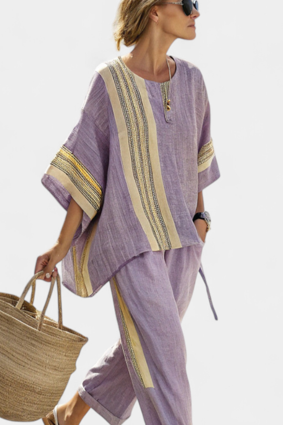 Dorvelli | Women's Two-Piece Set – Elegant Mustard Striped