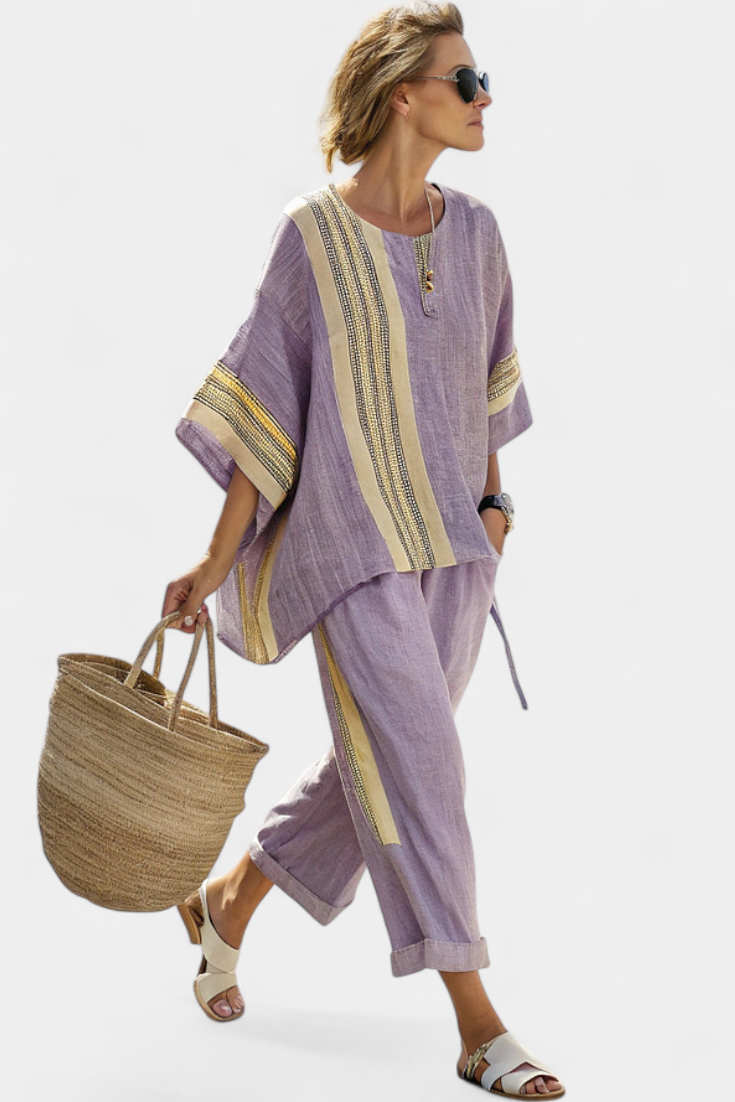 Dorvelli | Women's Two-Piece Set – Elegant Mustard Striped
