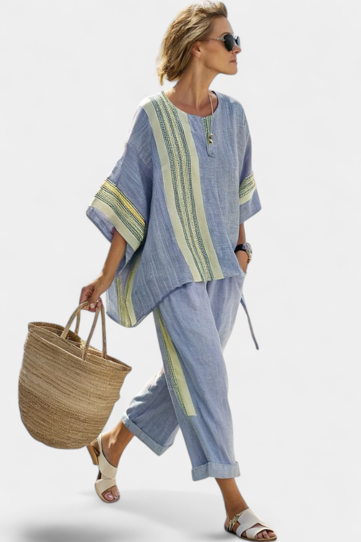 Dorvelli | Women's Two-Piece Set – Elegant Mustard Striped