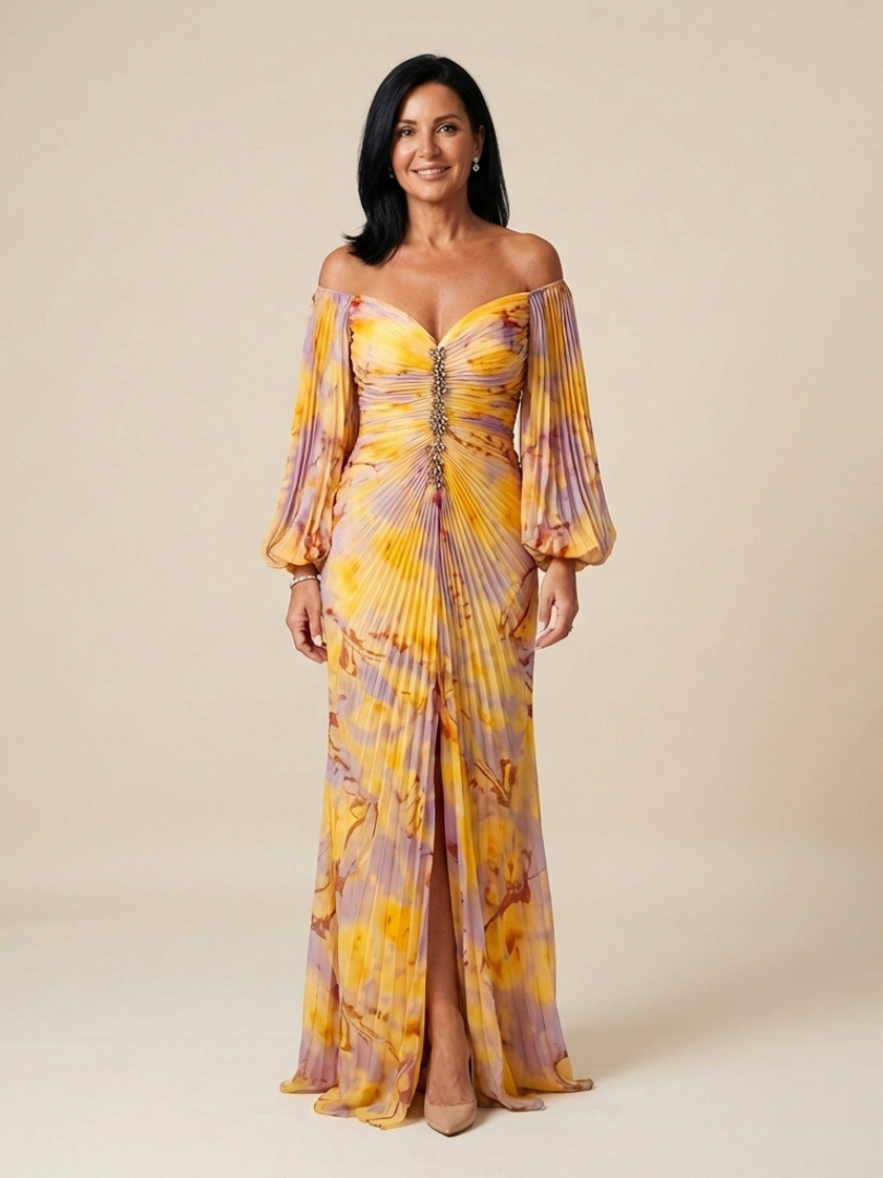 Dorvelli | Women's Maxi Dress – Off Shoulder Pleated Long