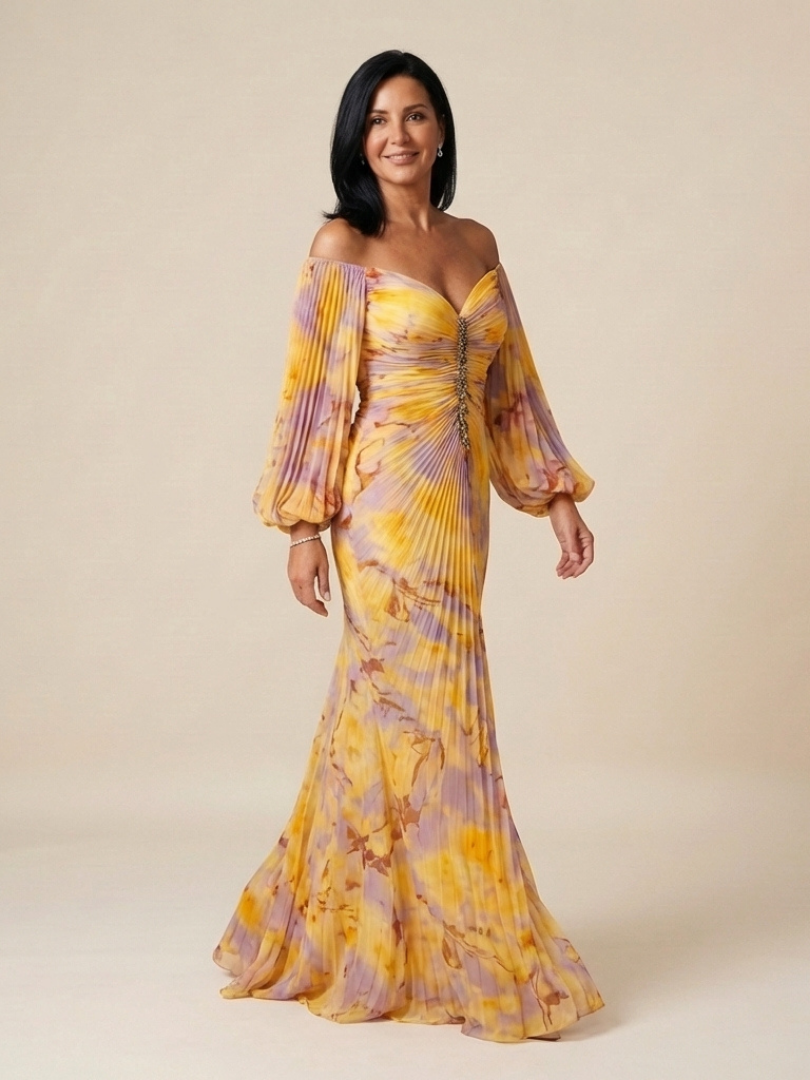 Dorvelli | Women's Maxi Dress – Off Shoulder Pleated Long