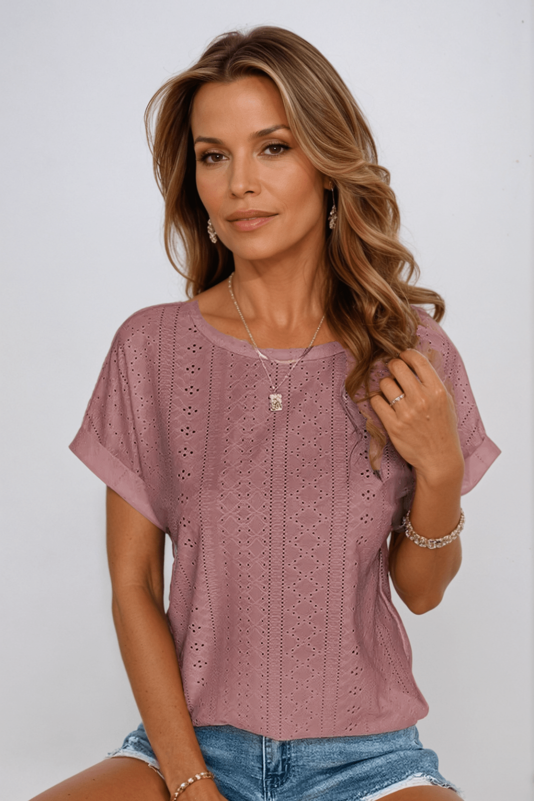 Dorvelli | Women's Top – Cotton Eyelet Sleeve Round