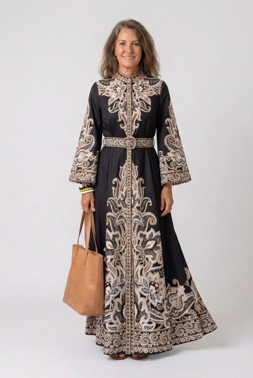 Dorvelli | Women's Maxi Dress – Belted Abaya Paisley Embroidery
