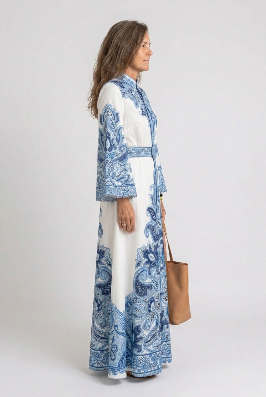 Dorvelli | Women's Maxi Dress – Belted Abaya Paisley Embroidery