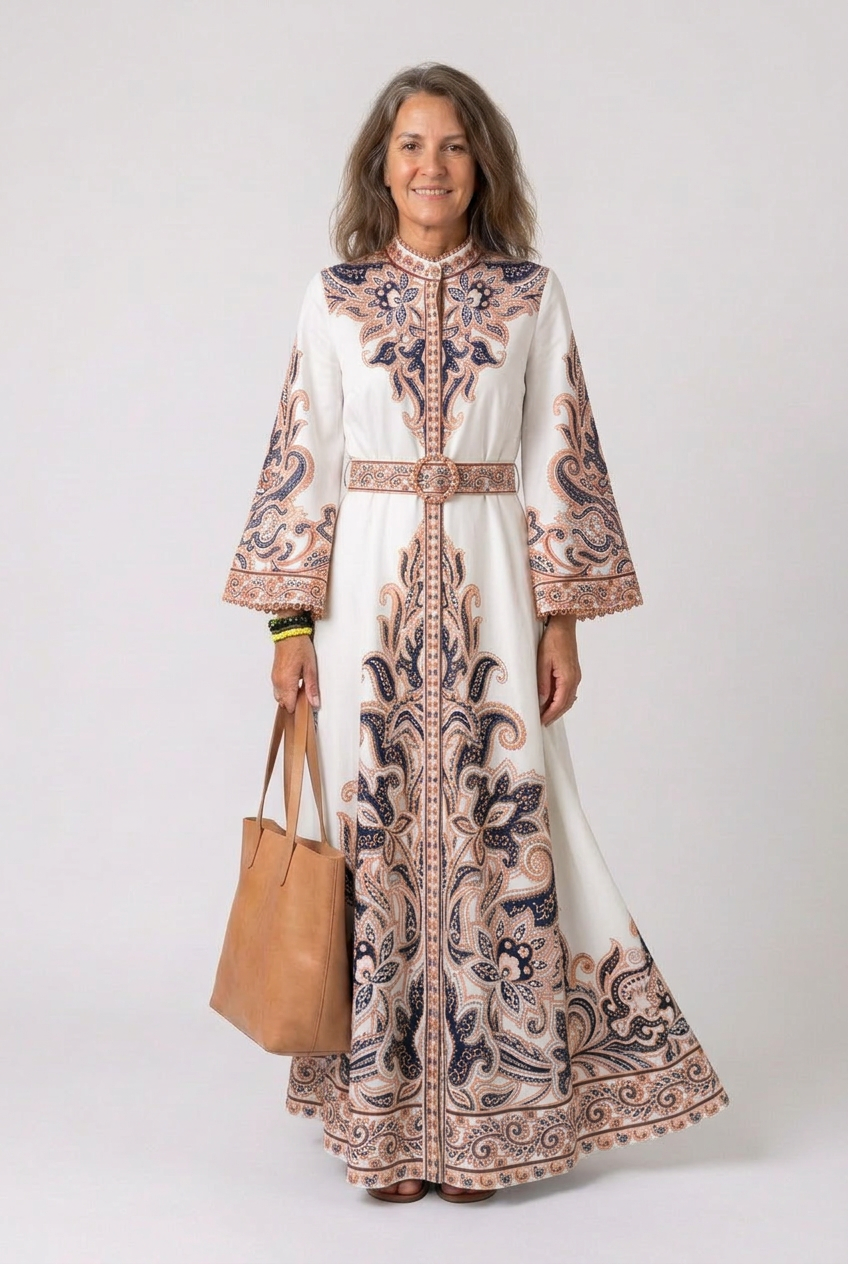 Dorvelli | Women's Maxi Dress – Belted Abaya Paisley Embroidery