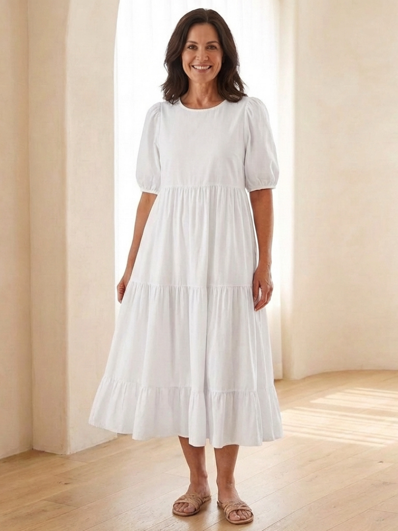 Dorvelli | Women's Midi Dress – Round Neck Puff Sleeve
