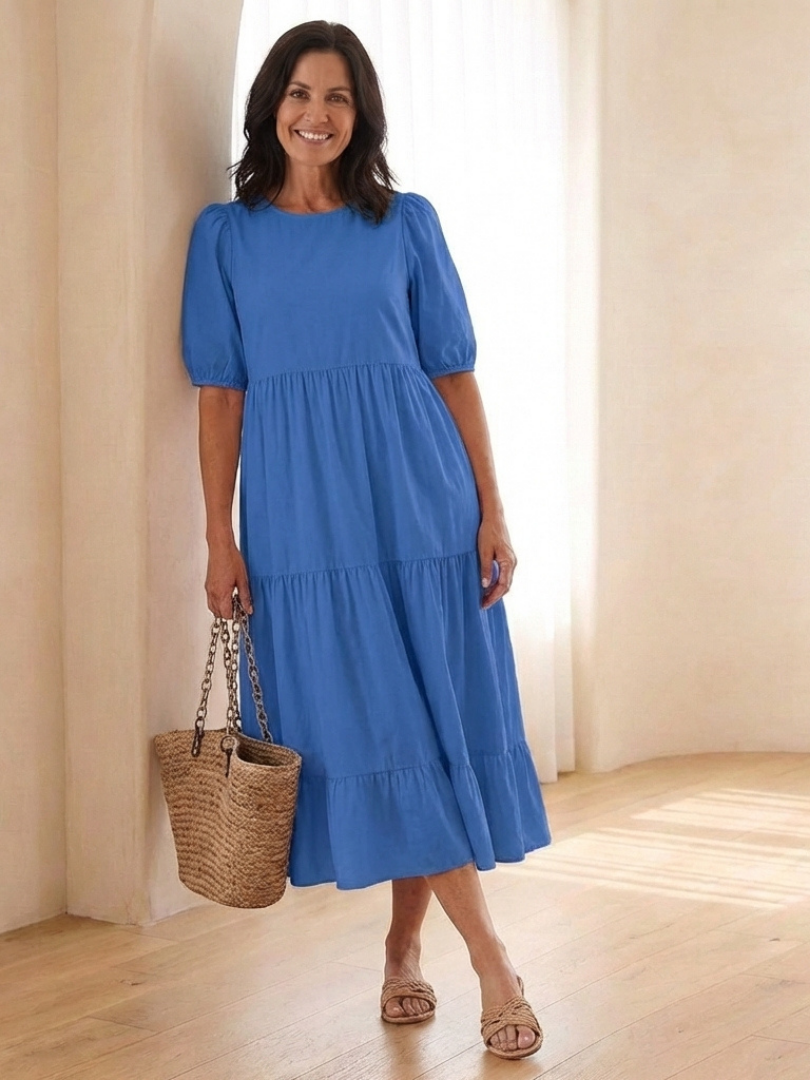 Dorvelli | Women's Midi Dress – Round Neck Puff Sleeve