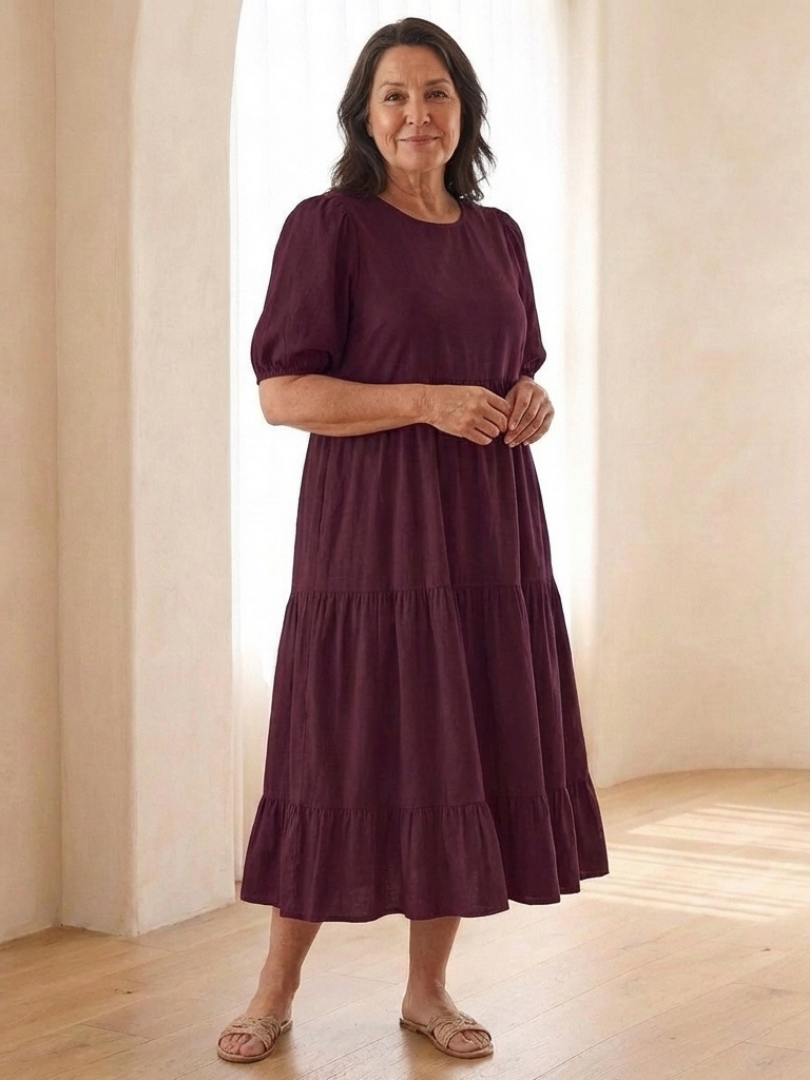 Dorvelli | Women's Midi Dress – Round Neck Puff Sleeve