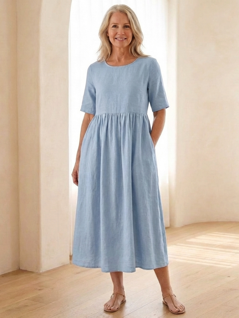 Dorvelli | Women's Midi Dress – Round Neck Sleeve Gathered