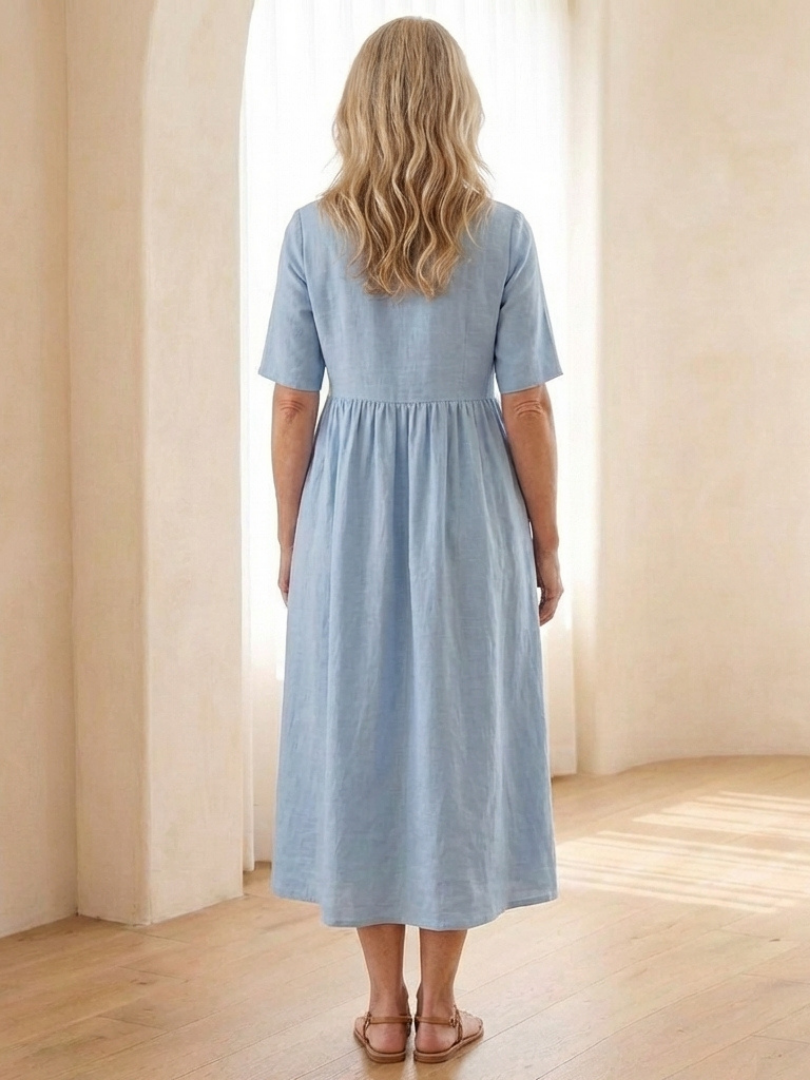 Dorvelli | Women's Midi Dress – Round Neck Sleeve Gathered