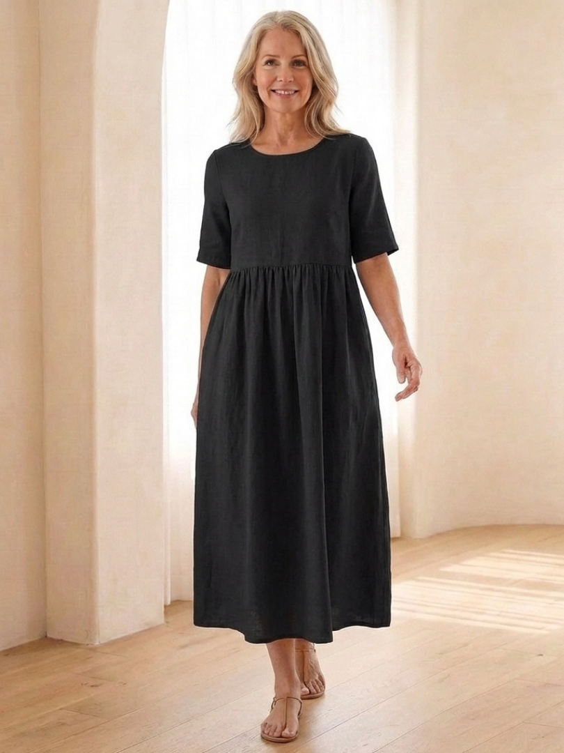 Dorvelli | Women's Midi Dress – Round Neck Sleeve Gathered