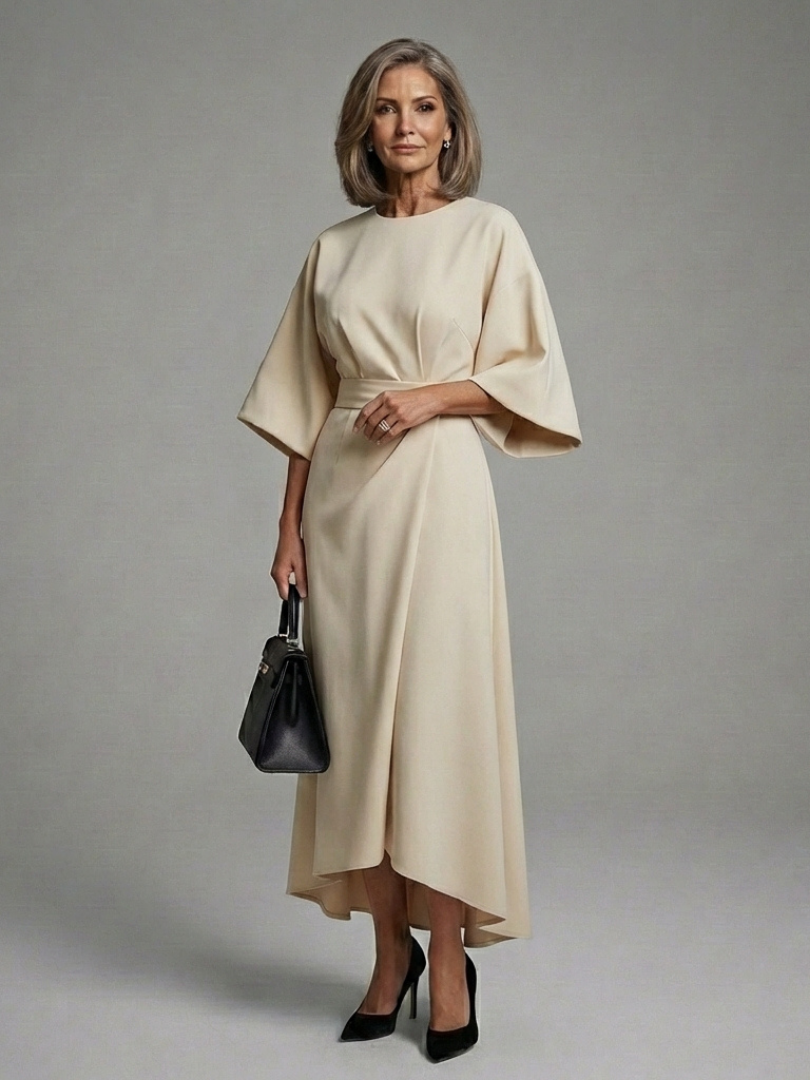 Dorvelli | Women's Midi Dress – Waist Defined Cape Sleeve