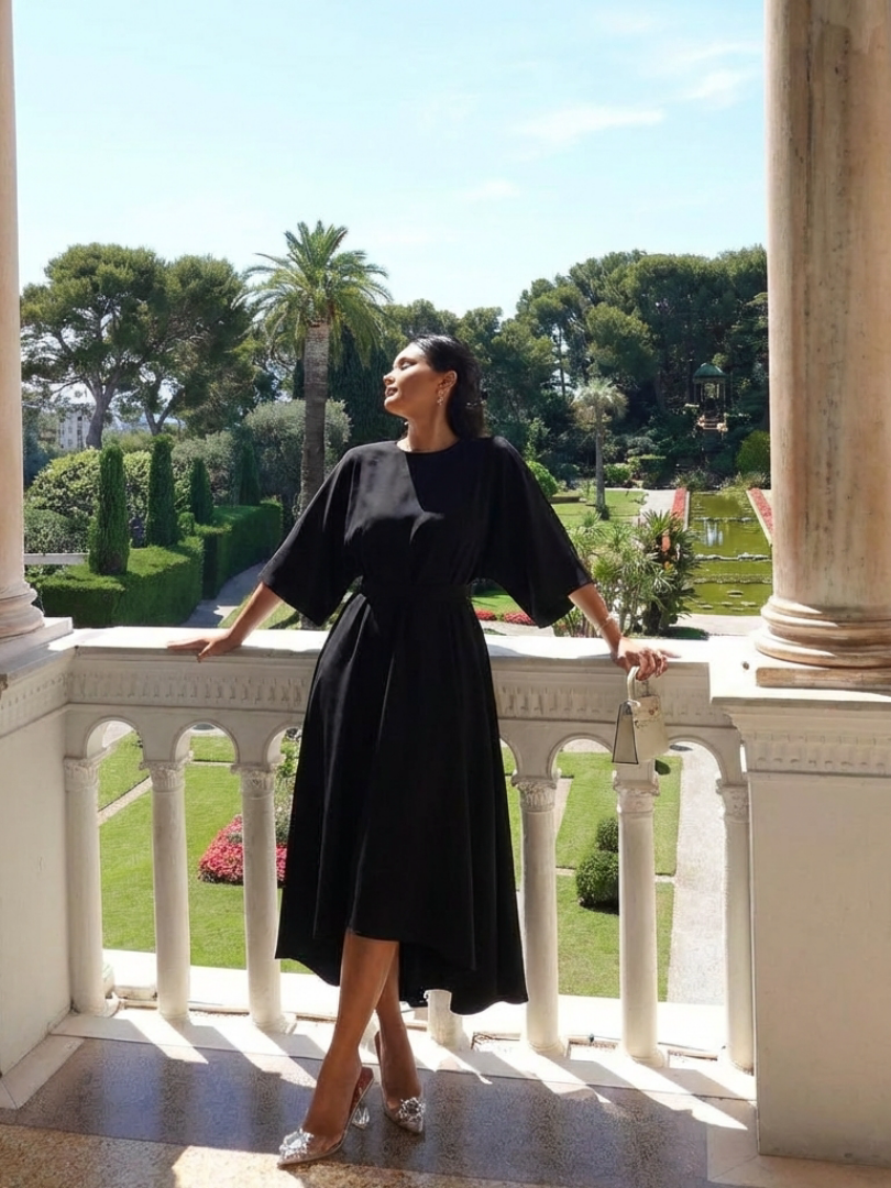 Dorvelli | Women's Midi Dress – Waist Defined Cape Sleeve