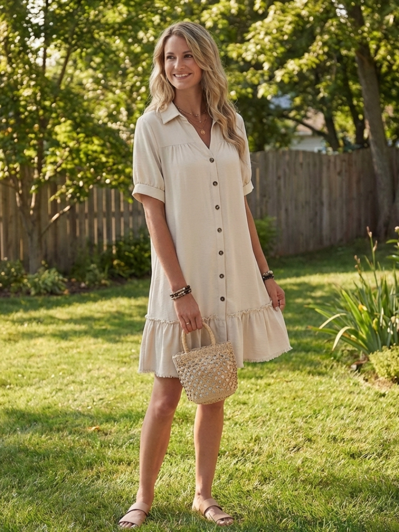 Dorvelli | Women's Midi Dress – Sleeve Button Front Ruffle