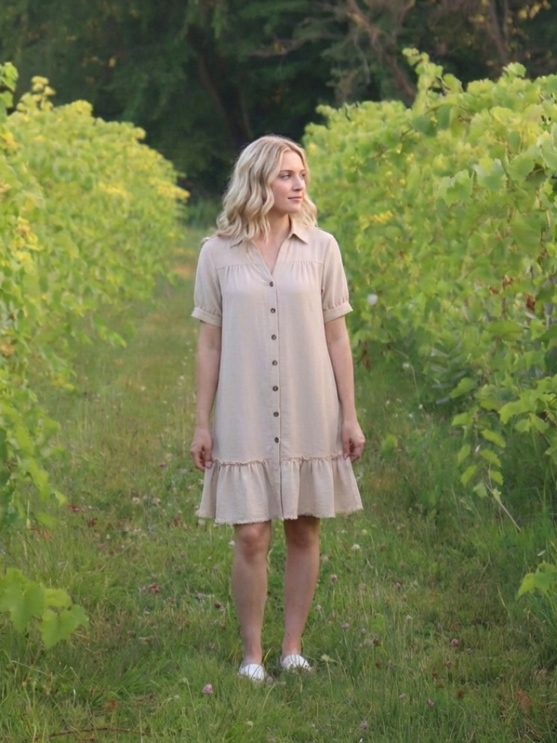 Dorvelli | Women's Midi Dress – Sleeve Button Front Ruffle
