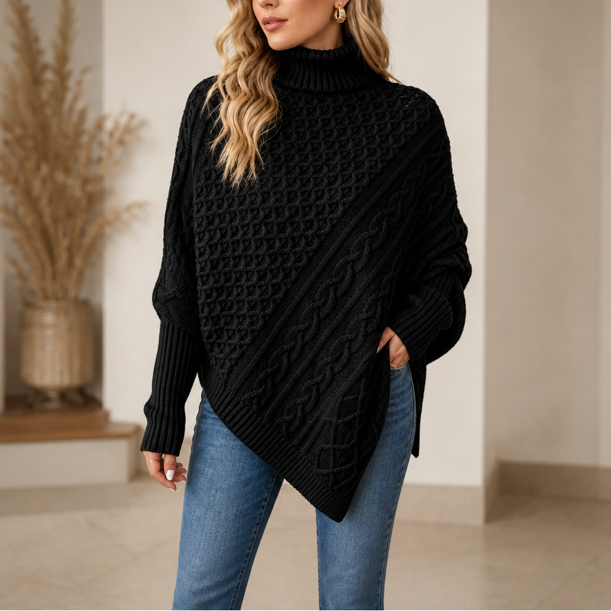 Aisling Roll Neck Cable Knit Poncho – Women's Asymmetric Hem Knit Sweater Black