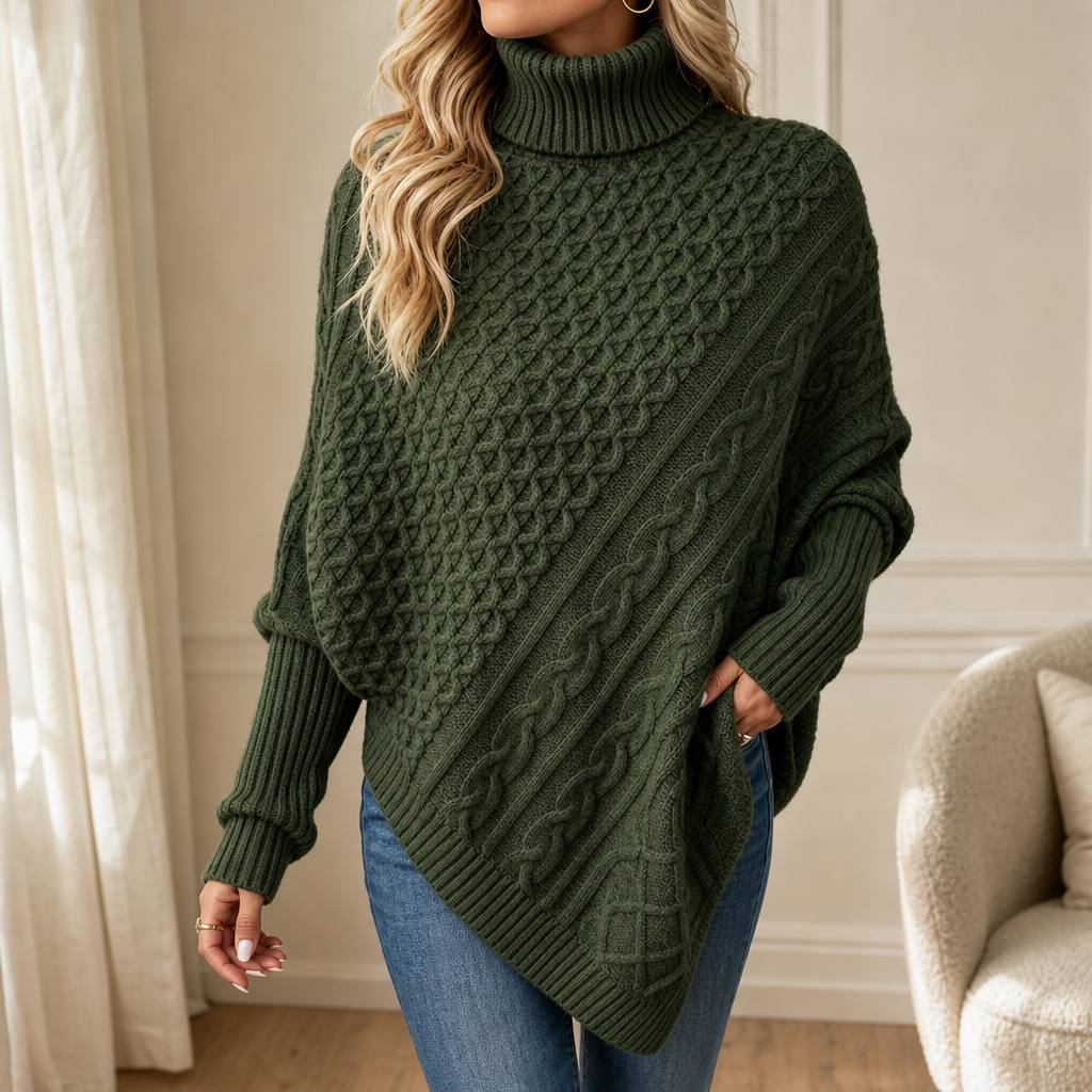 Aisling Roll Neck Cable Knit Poncho – Women's Asymmetric Hem Knit Sweater Dark Green