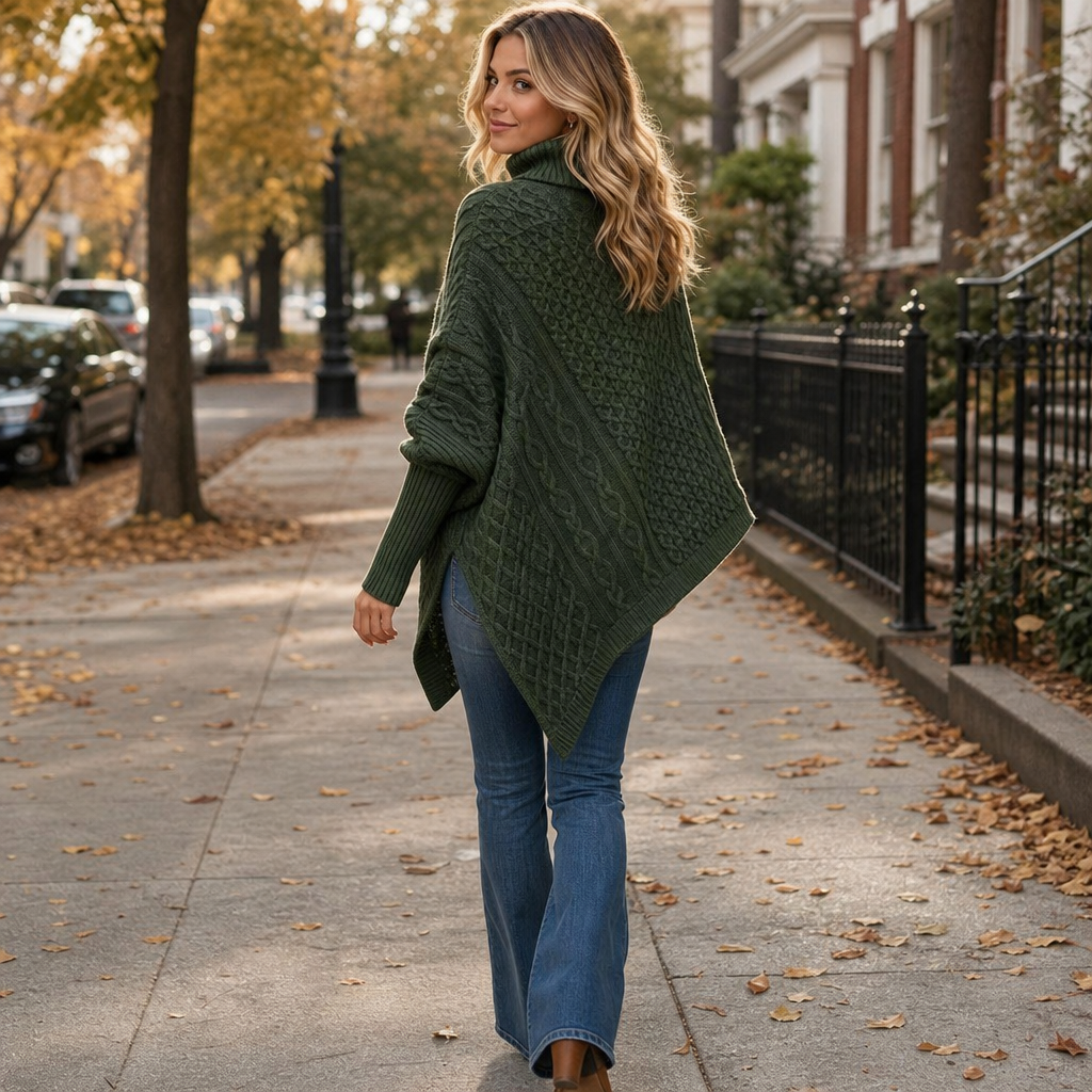 Aisling Roll Neck Cable Knit Poncho – Women's Asymmetric Hem Knit Sweater Dark Green