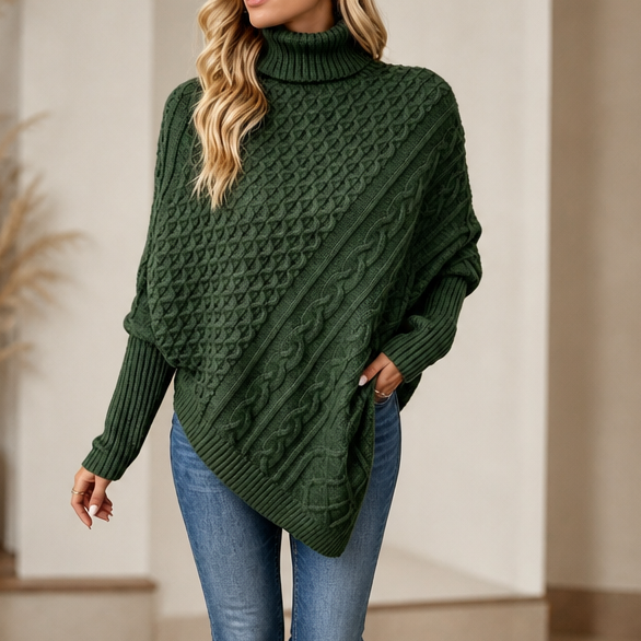 Aisling Roll Neck Cable Knit Poncho – Women's Asymmetric Hem Knit Sweater Dark Green