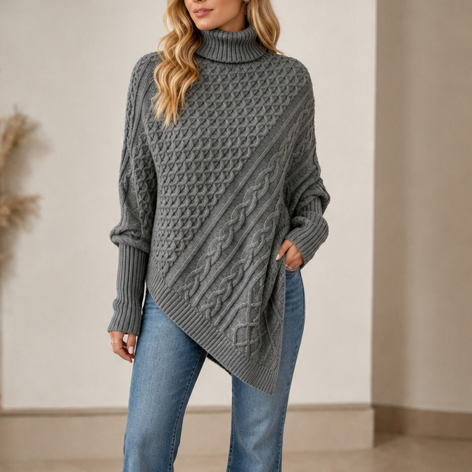 Aisling Roll Neck Cable Knit Poncho – Women's Asymmetric Hem Knit Sweater Grey