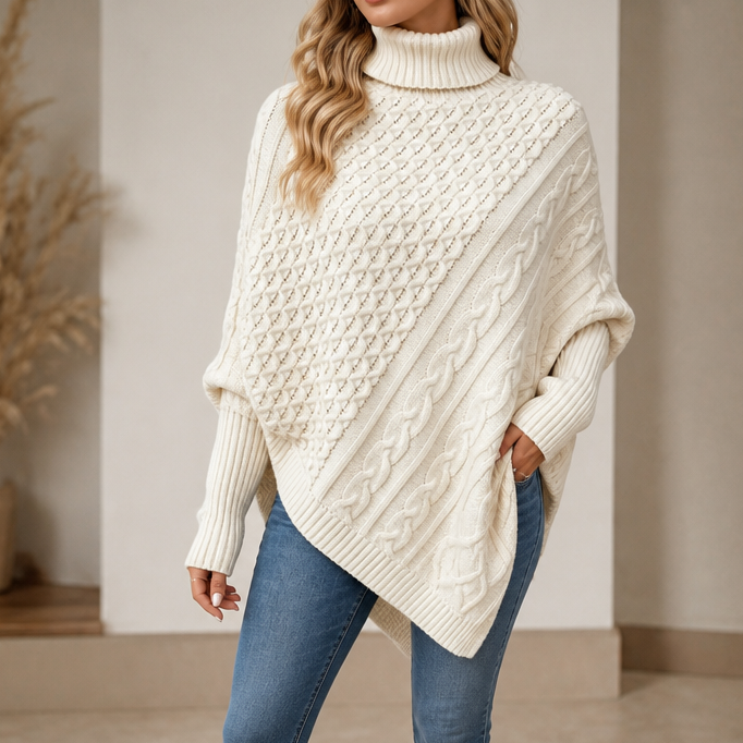 Aisling Roll Neck Cable Knit Poncho – Women's Asymmetric Hem Knit Sweater Ivory