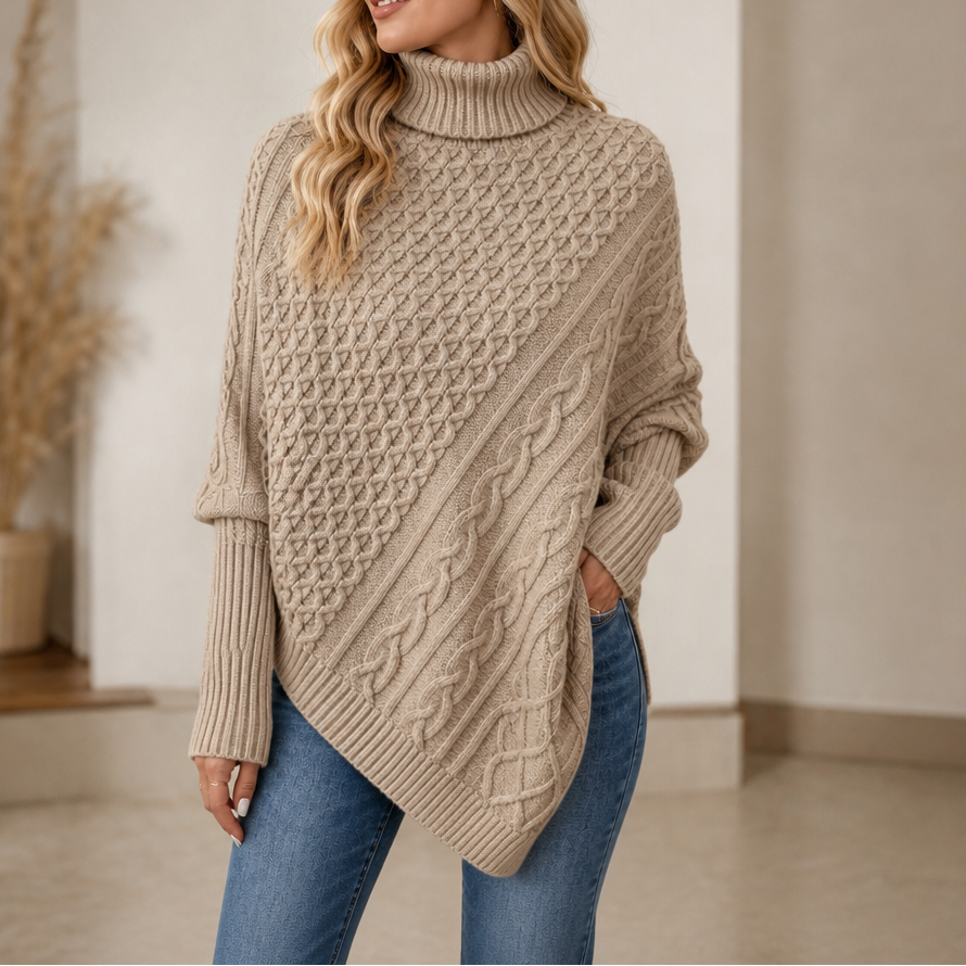 Aisling Roll Neck Cable Knit Poncho – Women's Asymmetric Hem Knit Sweater Khaki