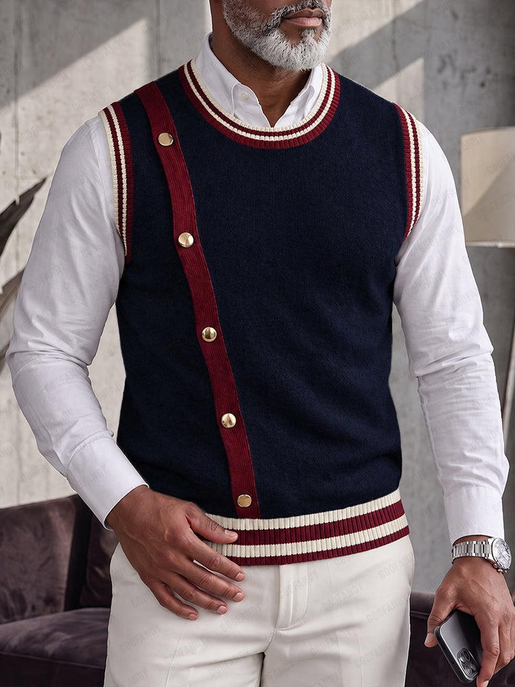 Alaric Old Money Contrast Trim Knit Vest Dark Blue