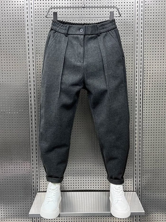 Alessio Pleated Tapered Trousers – High Waist Cropped Cuffed Hem – Dark Grey