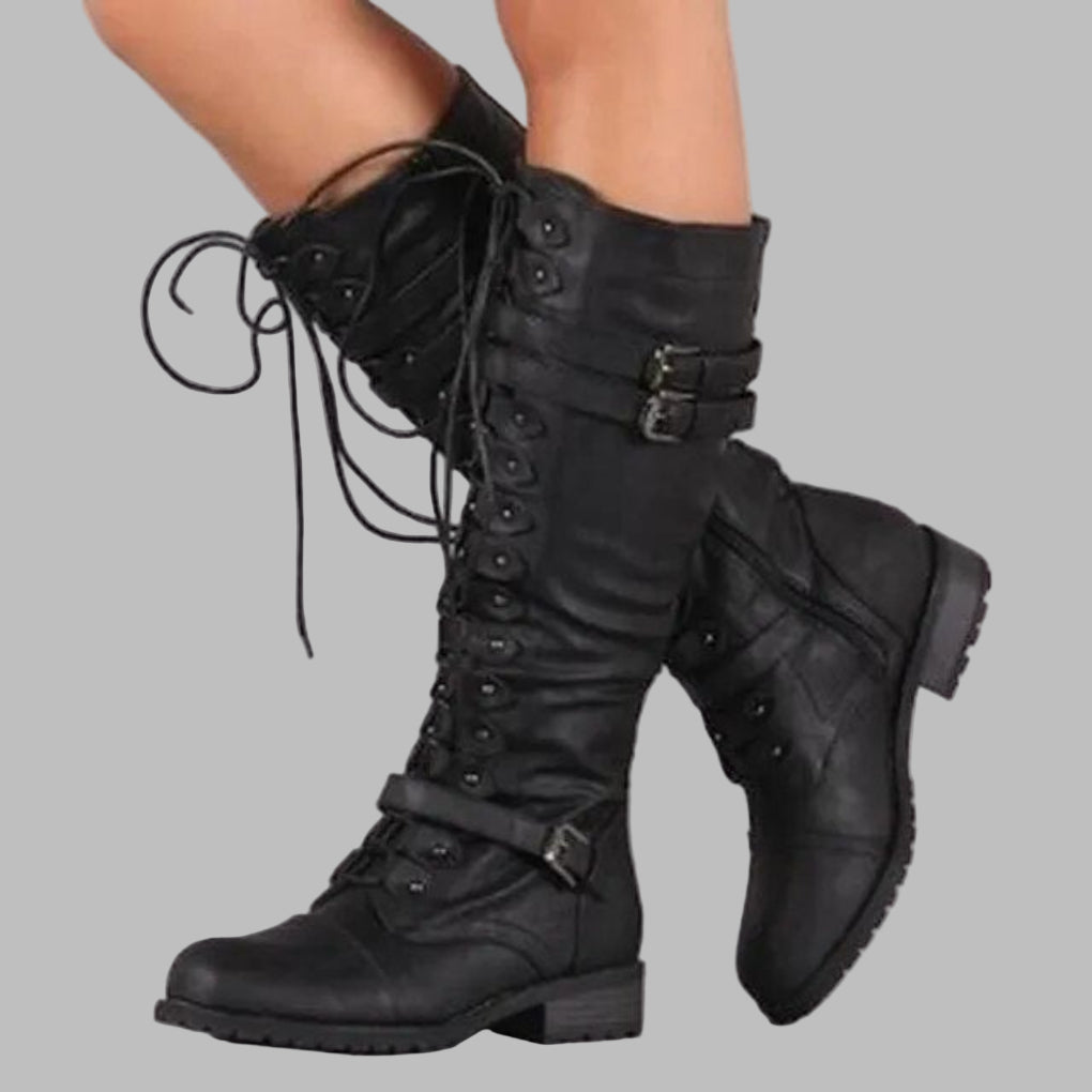 Dorvelli | Women’s Combat Boots – Knee-High Lace-Up Buckle