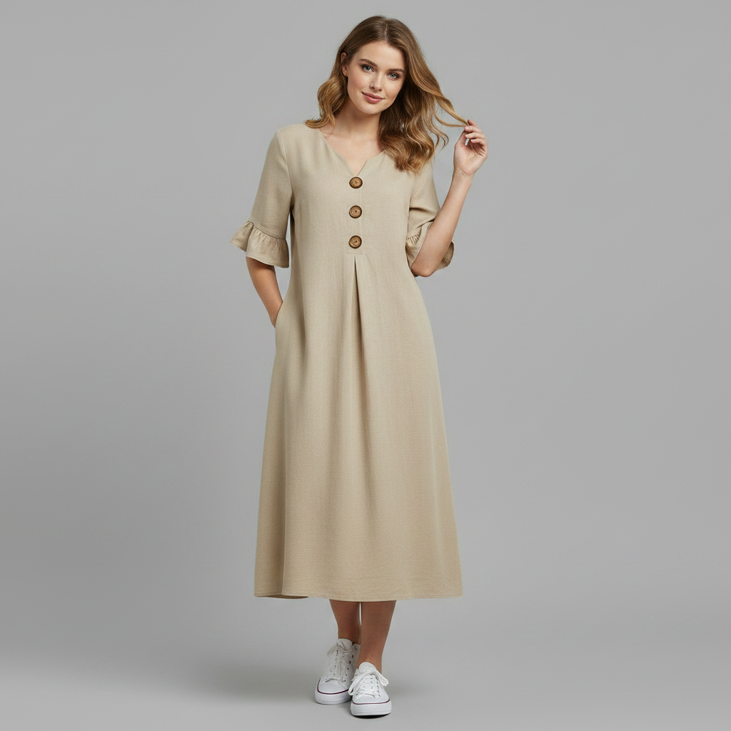 Amalia Midi Dress – V-Neck Button-Front Ruffle Sleeve