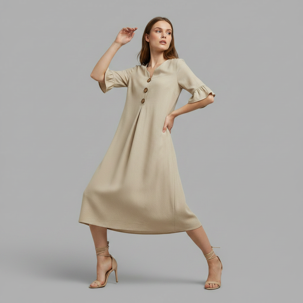 Amalia Midi Dress – V-Neck Button-Front Ruffle Sleeve